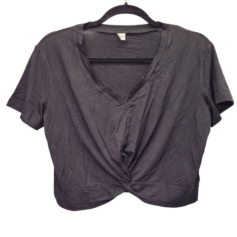 Women's Casual Black Crop Top Short Sleeve V-Neck With Front Twist Size Large